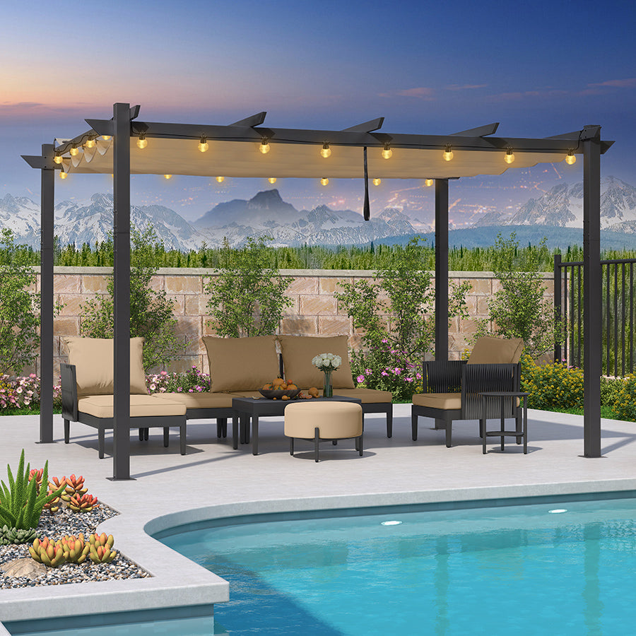 PURPLE LEAF Pergola rétractable extérieure avec abri de pergola en aluminium pour terrasse pare-soleil auvent pour terrasse d'arrière-cour  Avec Guirlandes Lumineuses Transparentes