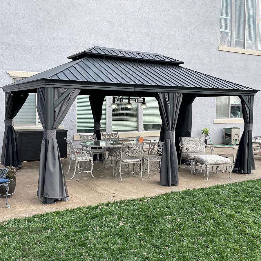 PURPLE LEAF Tonnelle De Jardin Exterieur Tonnelle Aluminum Avec Moustiquaire Et Rideaux Pavillon De Jardin à Double Toit Acier Galvanisé, Gris