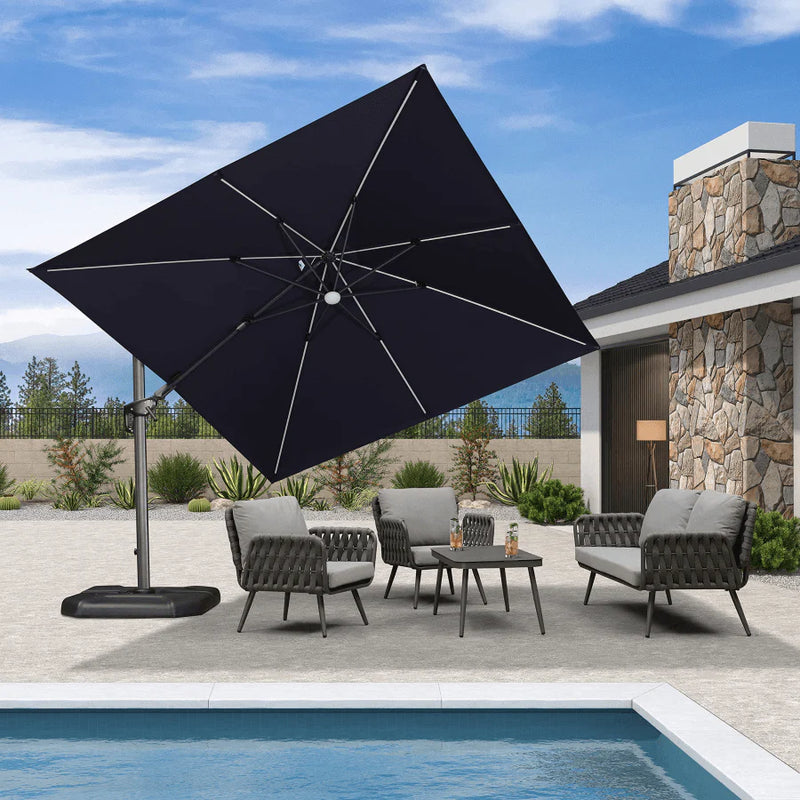 PURPLE LEAF Parasol Déporté avec LED Solaire 3 x 3 m Carré, Parasol De Jardin Extérieur Inclinable Toile Protection UV