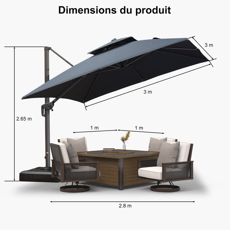 PURPLE LEAF Parasol Déporté à Double Toit avec Cadre Gris Acier Carré Rectangle avec socle