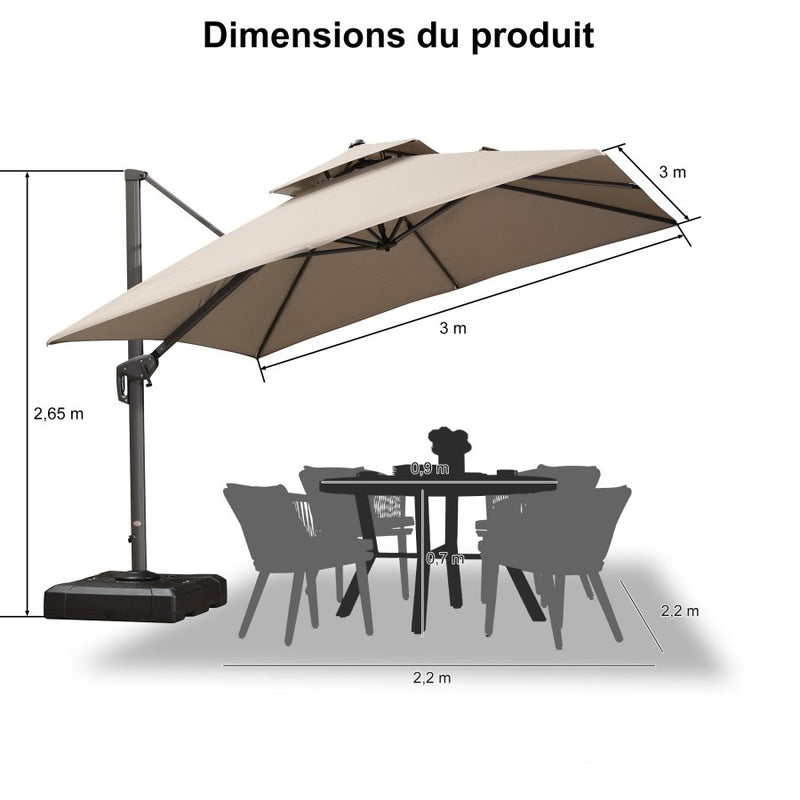 PURPLE LEAF Parasol Déporté à Double Toit avec Cadre Gris Acier Carré Rectangle avec socle