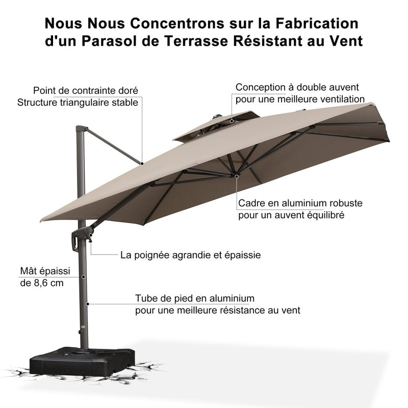 PURPLE LEAF Parasol Déporté à Toit Double avec Cadre Gris Acier Parasol d'Extérieur Grands Parasols de Patio Carré Rectangulaire