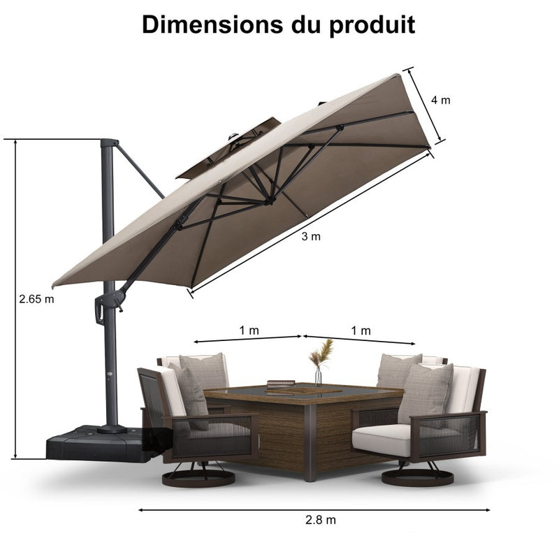 PURPLE LEAF Parasol Déporté à Double Toit avec Cadre Gris Acier Carré Rectangle avec socle