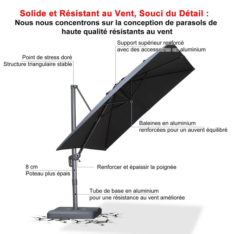 PURPLE LEAF Parasol Déporté Économique avec Cadre Gris Acier Carré Rectangulaire avec socle
