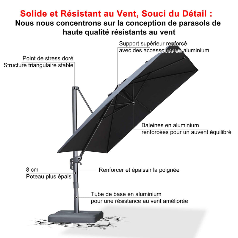 PURPLE LEAF Parasol Déporté Économique avec Cadre Gris Acier Carré Rectangulaire avec socle