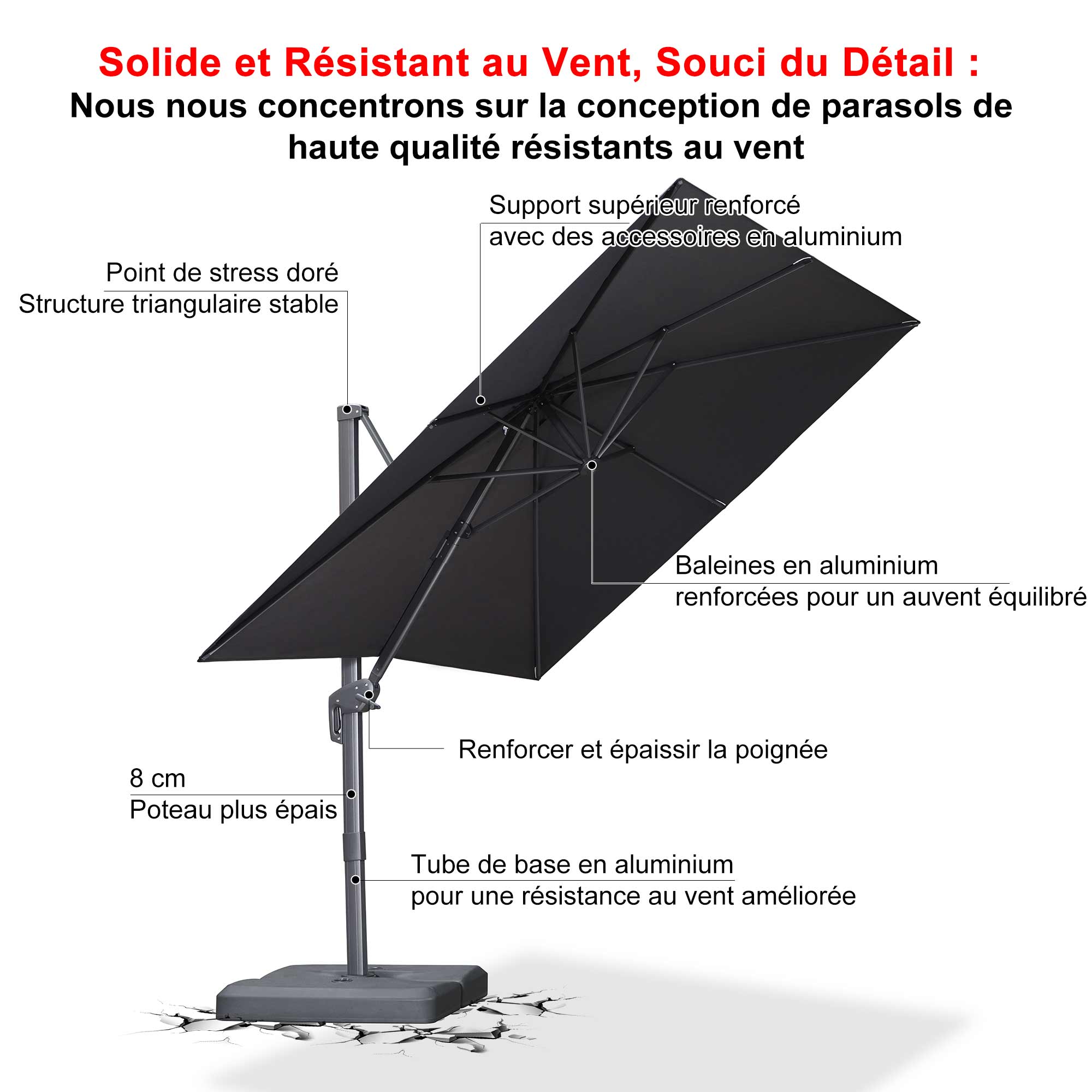 PURPLE LEAF Parasol Déporté Économique avec Cadre Gris Acier Parasol d'Extérieur Grands Parasols de Patio Carré Rectangulaire