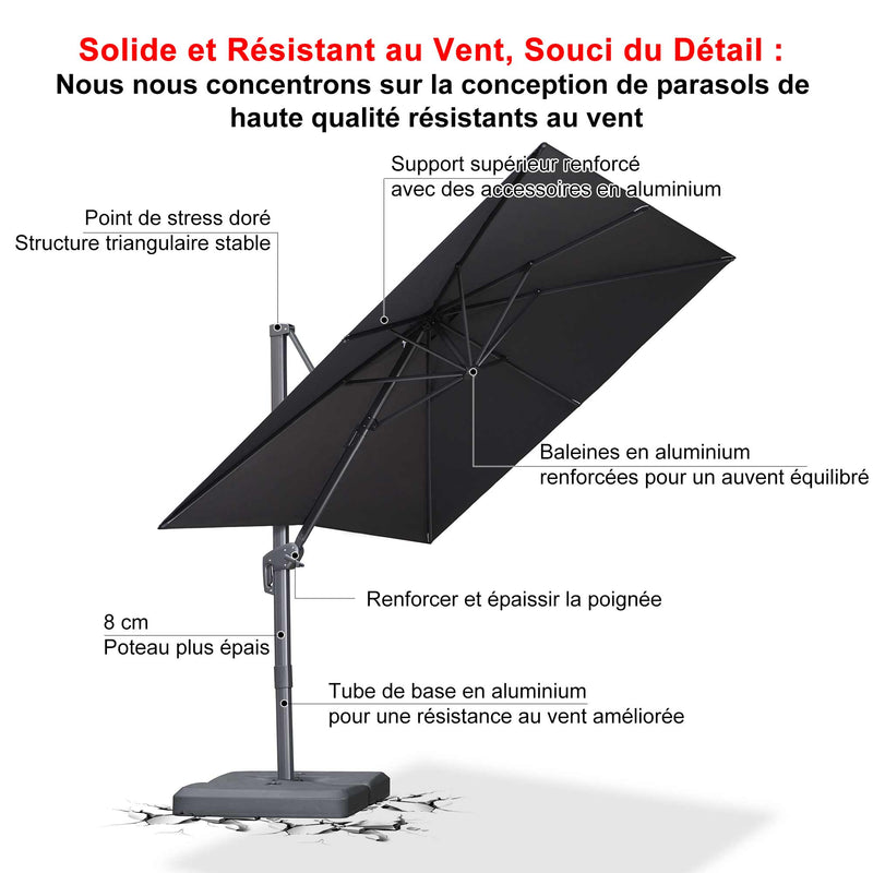 PURPLE LEAF Parasol Déporté Économique avec Cadre Gris Acier Carré Rectangulaire avec socle