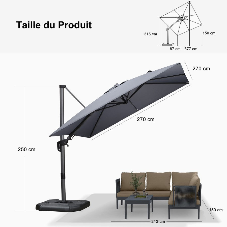 PURPLE LEAF Parasol Déporté Inclinable Gauche Droite Carré, Parasol De Jardin Extérieur avec 5 Positions réglables et Rotation à 360°, Toile Protection UV