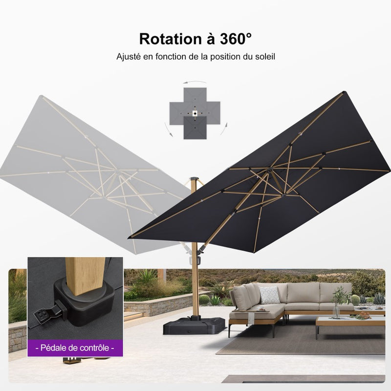 PURPLE LEAF Parasol Déporté Mégagrand à Motif Bois Carré Rectangle avec socle