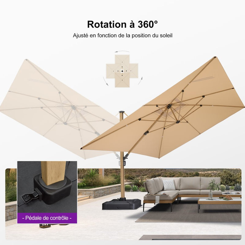 PURPLE LEAF Parasol Déporté Mégagrand à Motif Bois Carré Rectangle avec socle
