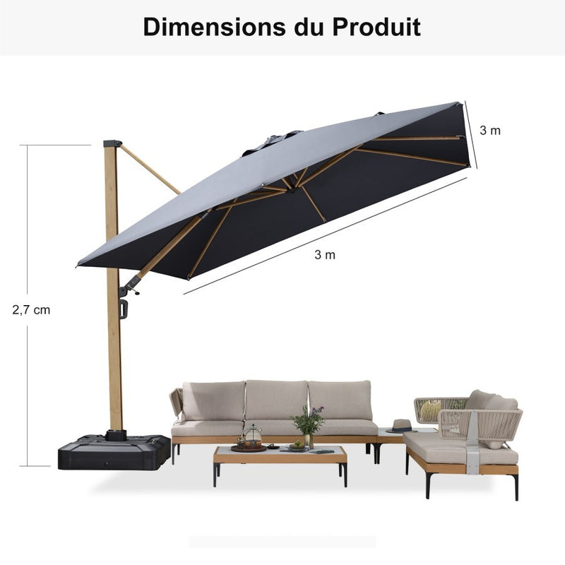 PURPLE LEAF Parasol Déporté Mégagrand à Motif Bois Carré Rectangle avec socle