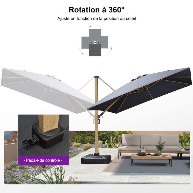 PURPLE LEAF Parasol Déporté Mégagrand à Motif Bois Carré Rectangle avec socle