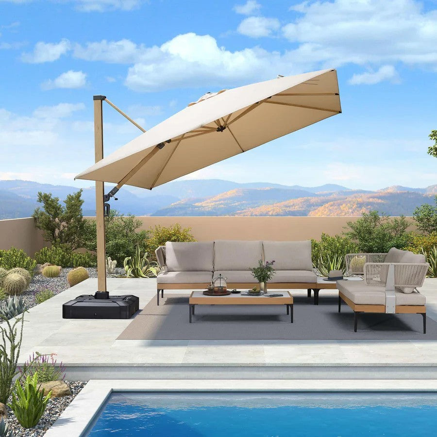 PURPLE LEAF Parasol Déporté Mégagrand à Motif Bois à Manivelle avec Mât Ultra-Renforcé Parasol d'Extérieur de Jardin Carré Rectangle