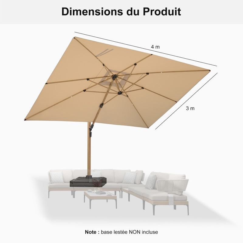 PURPLE LEAF Parasol Déporté Mégagrand à Motif Bois Carré Rectangle avec socle