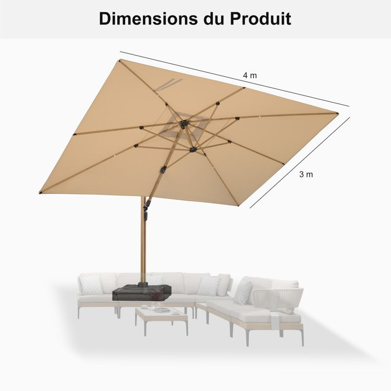 PURPLE LEAF Parasol Déporté Mégagrand à Motif Bois Carré Rectangle avec socle