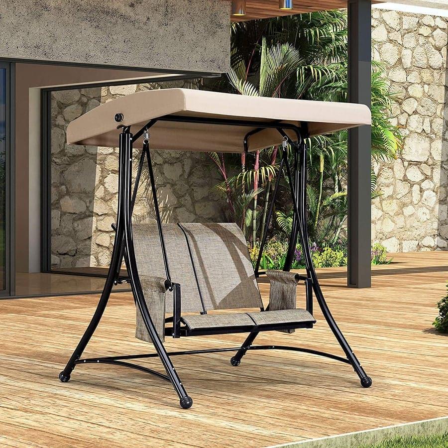PURPLE LEAF Balançoire extérieure de luxe pour porche avec cadre en acier résistant aux intempéries, auvent à inclinaison réglable, beige - Purpleaf France