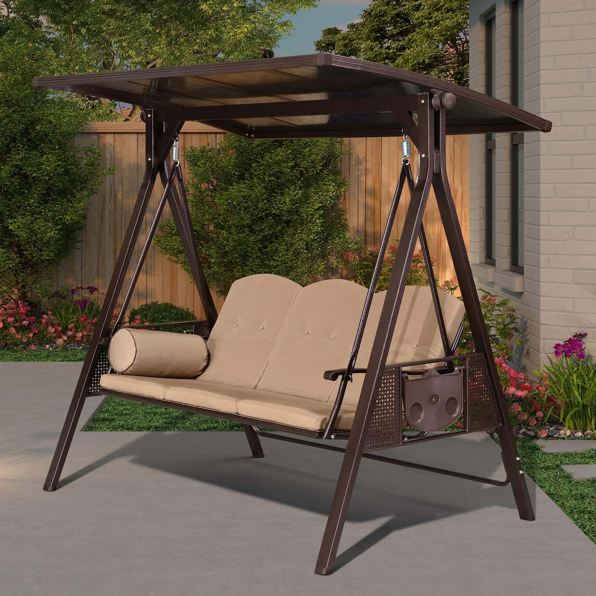 PURPLE LEAF Balancelle De Jardin 3 Places Exterieur en Acier Balançoire Toit Polycarbonate Inclinaison Réglable avec 2 Tablettes Balancelle Hollywood, Kaki - Purpleaf France