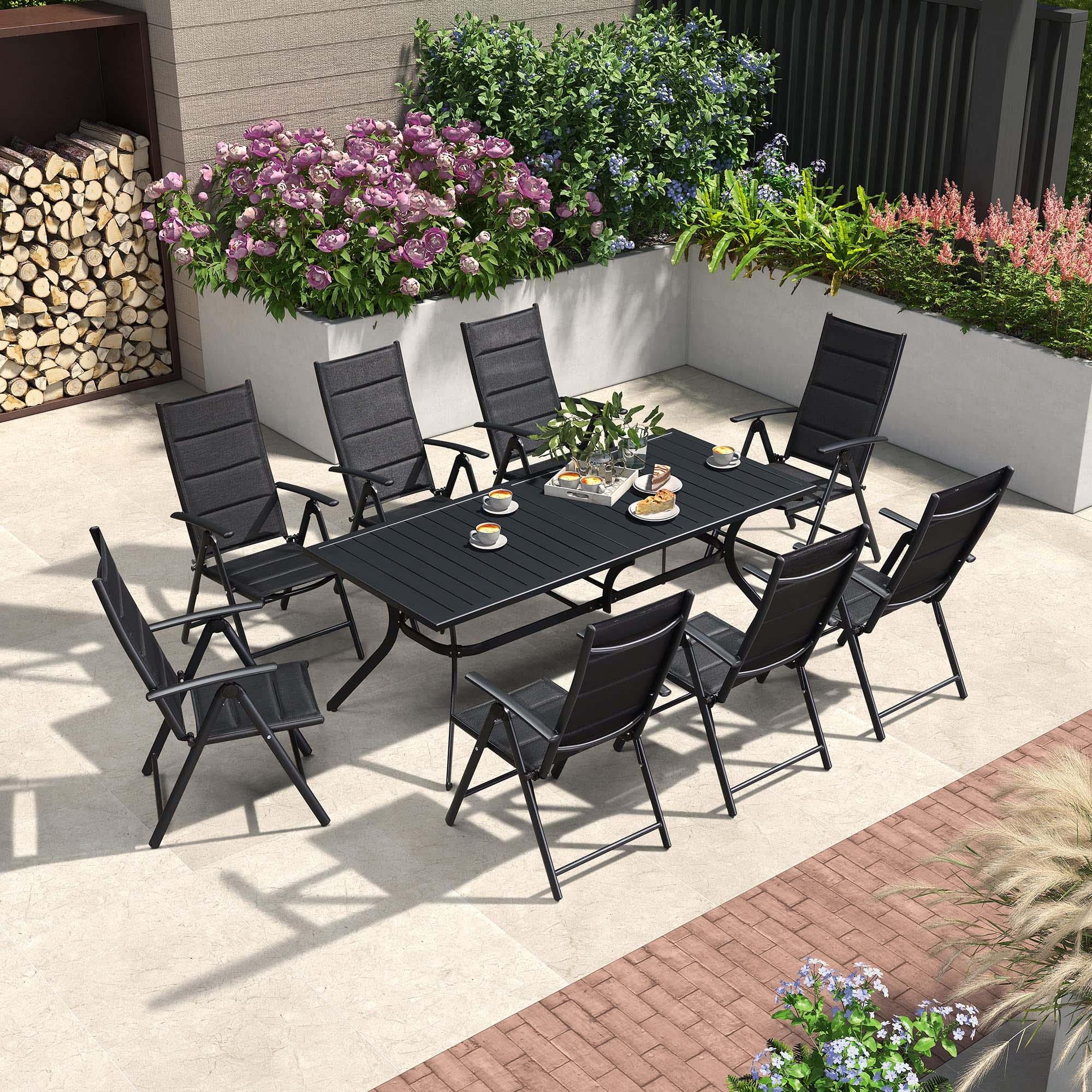PURPLE LEAF Ensemble Table Et Chaise De Jardin Exterieur 6 Personnes Mobilier De Jardin en Aluminium Salon De Jardin Lot De 7 Table Pliable et Chaise Textilène Éponge Réglable, Noir - Purpleaf France