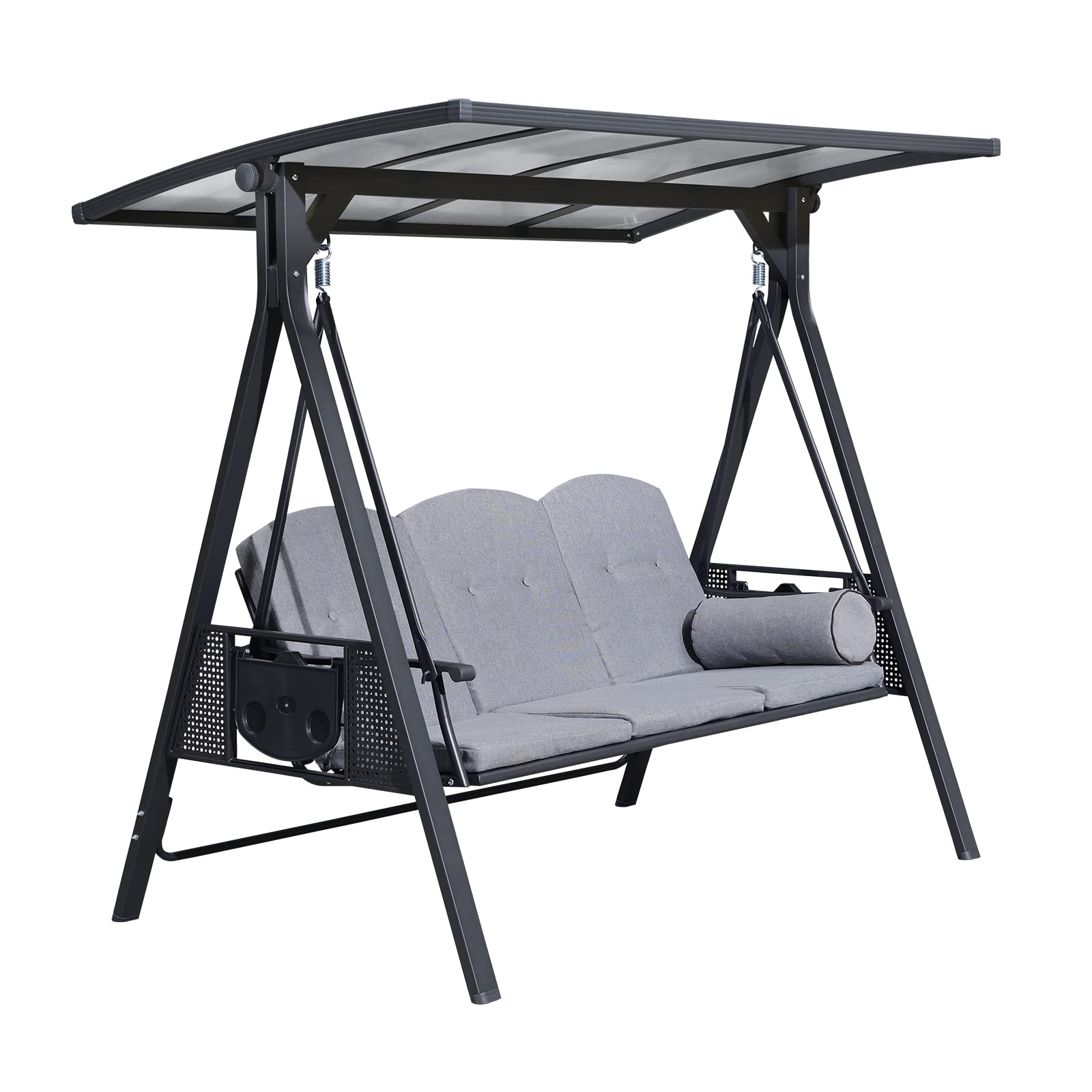 PURPLE LEAF Balancelle De Jardin 3 Places Exterieur en Acier Balançoire Toit Polycarbonate Inclinaison Réglable avec 2 Tablettes Balancelle Hollywood, Kaki