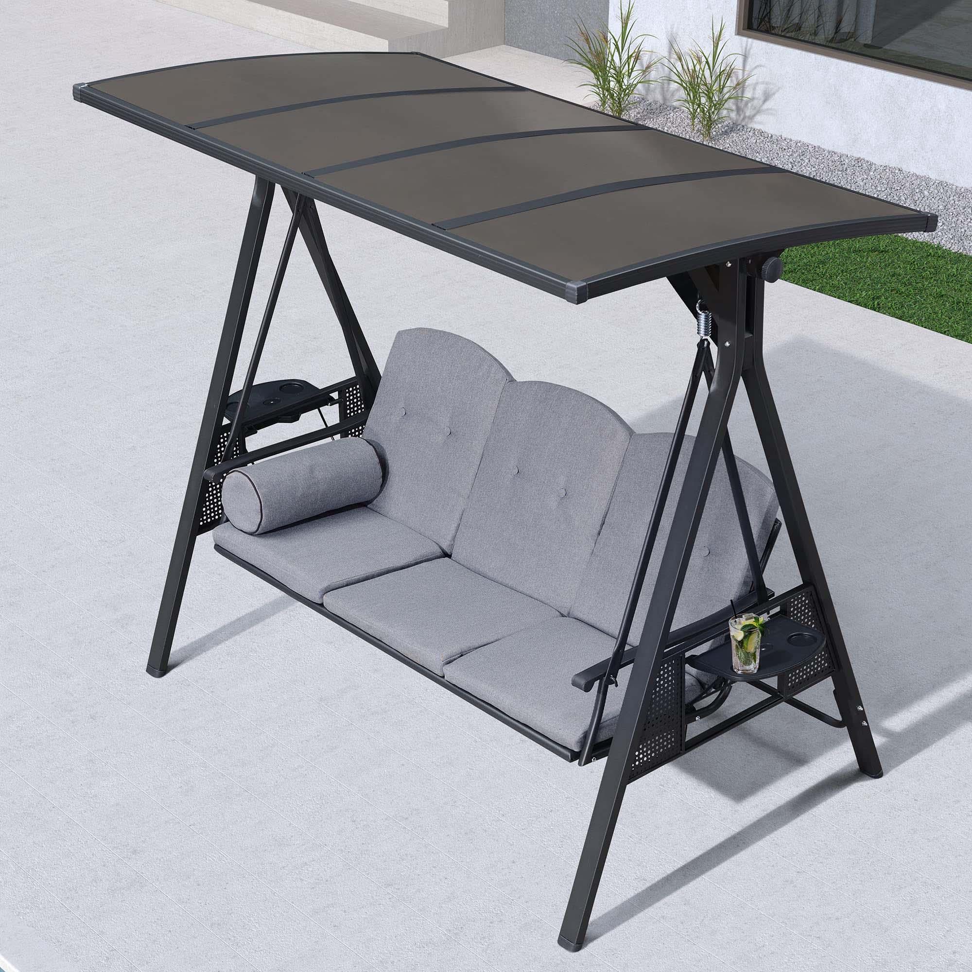PURPLE LEAF Balancelle De Jardin 3 Places Exterieur en Acier Balançoire Toit Polycarbonate Inclinaison Réglable avec 2 Tablettes Balancelle Hollywood, Kaki - Purpleaf France