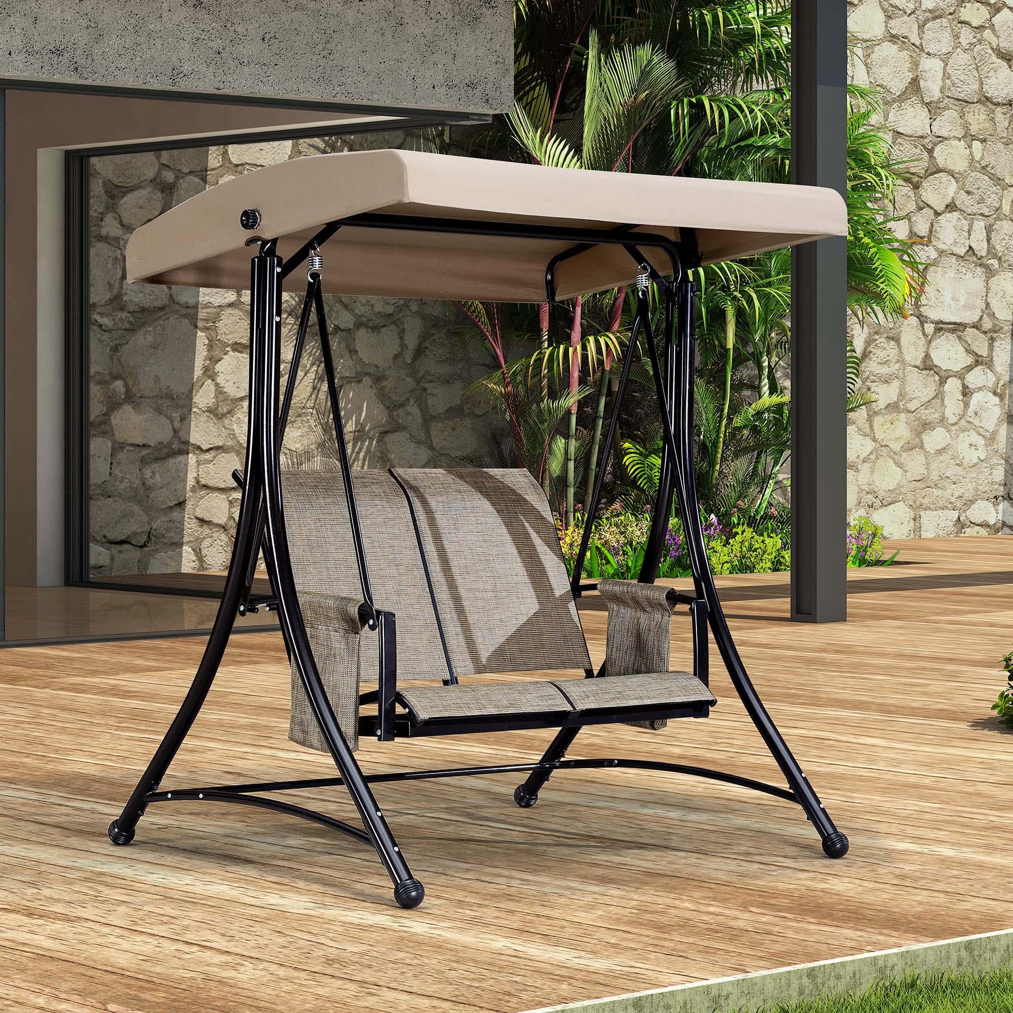 PURPLE LEAF Balançoire extérieure de luxe pour porche avec cadre en acier résistant aux intempéries, auvent à inclinaison réglable, beige - Purpleaf France