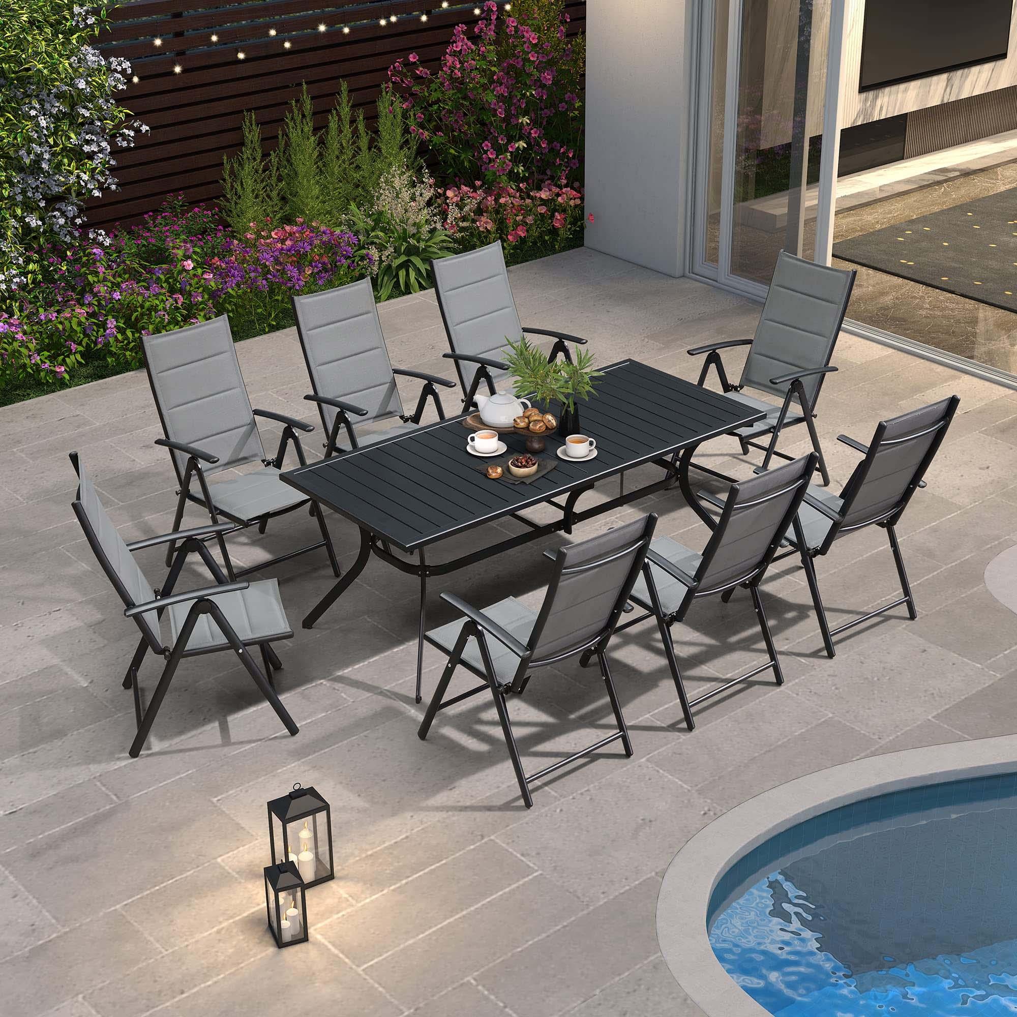PURPLE LEAF Ensemble Table Et Chaise De Jardin Exterieur 6 Personnes Mobilier De Jardin en Aluminium Salon De Jardin Lot De 7 Table Pliable et Chaise Textilène Éponge Réglable, Noir - Purpleaf France