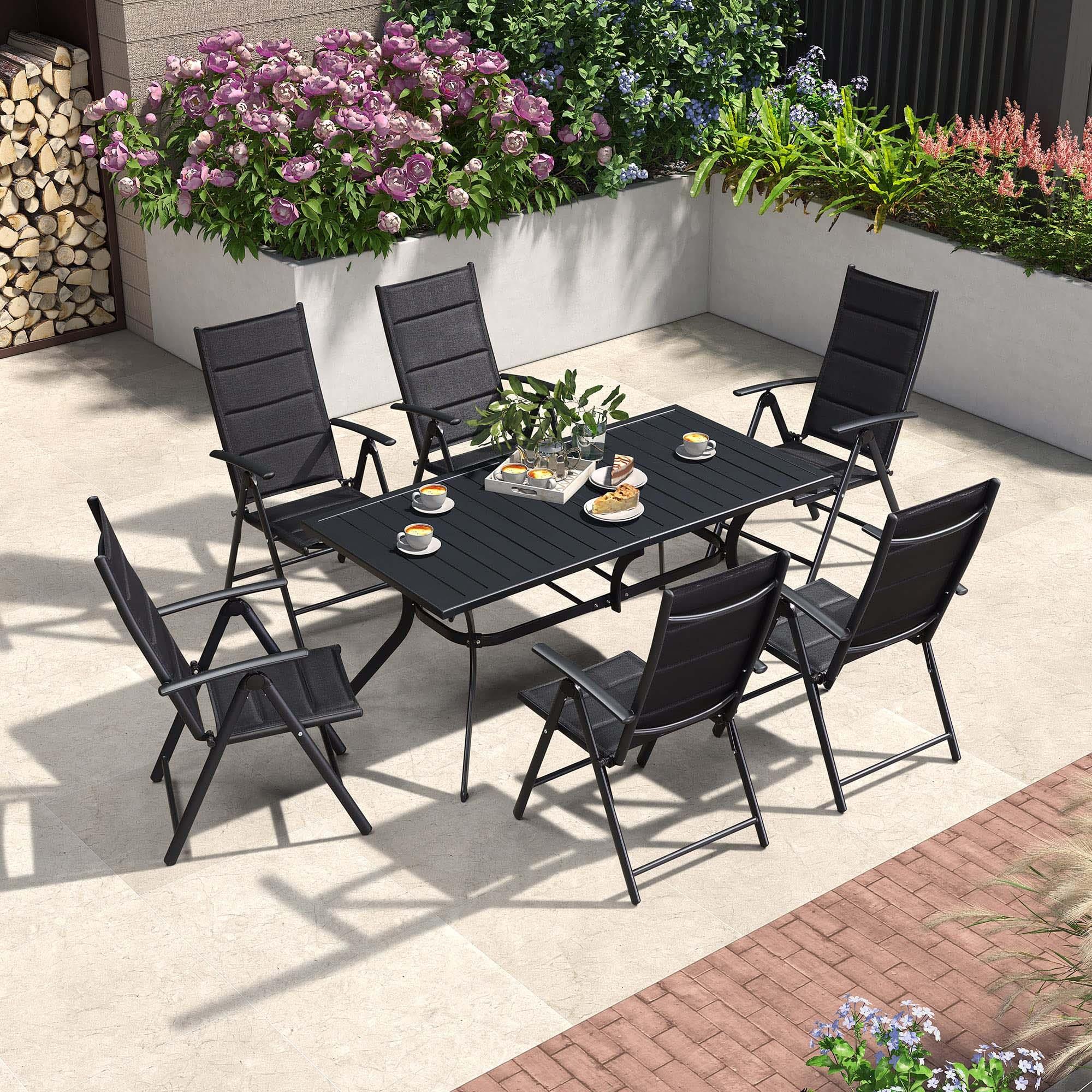PURPLE LEAF Ensemble Table Et Chaise De Jardin Exterieur 6 Personnes Mobilier De Jardin en Aluminium Salon De Jardin Lot De 7 Table Pliable et Chaise Textilène Éponge Réglable, Noir - Purpleaf France