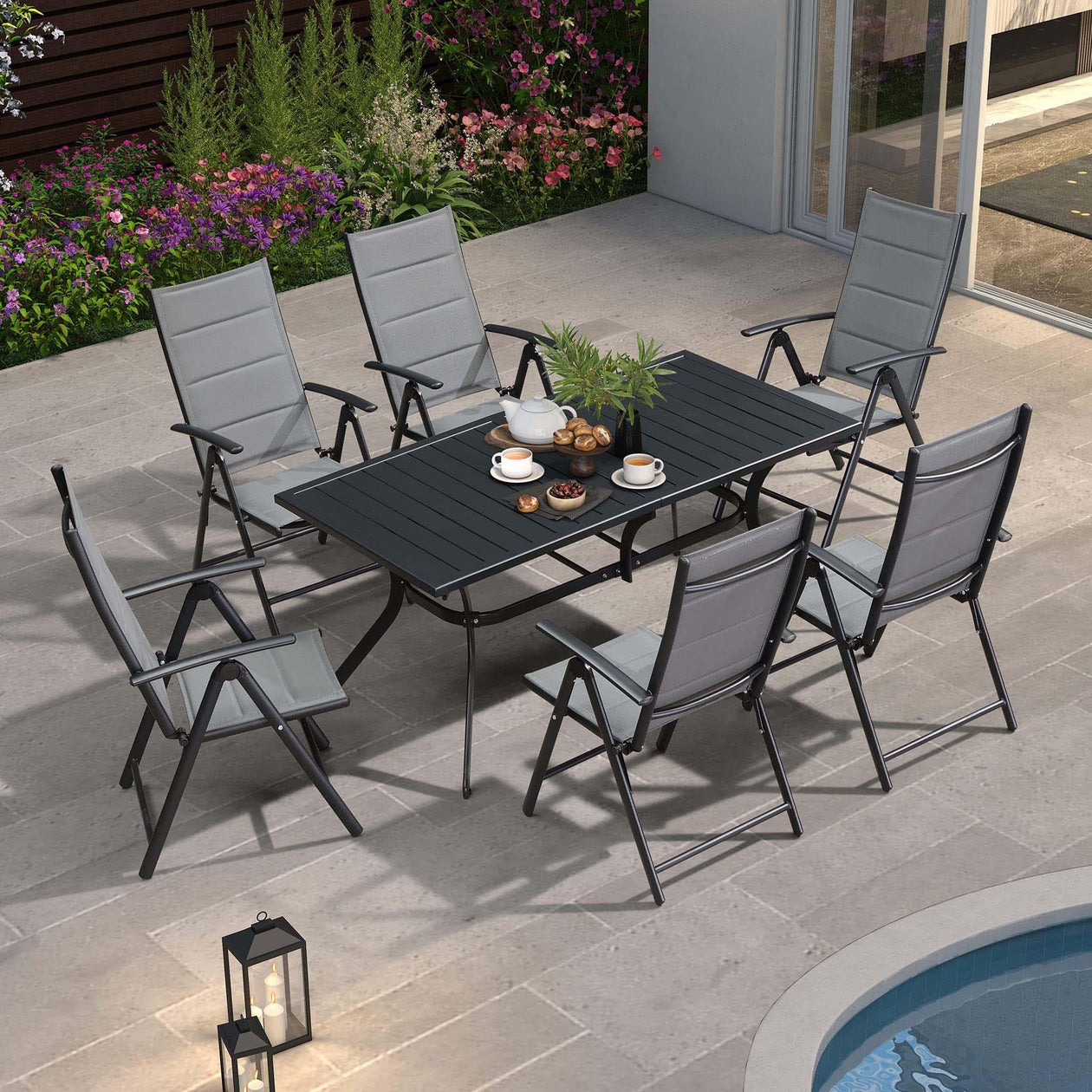 PURPLE LEAF Ensemble Table Et Chaise De Jardin Exterieur 6 Personnes Mobilier De Jardin en Aluminium Salon De Jardin Lot De 7 Table Pliable et Chaise Textilène Éponge Réglable, Noir - Purpleaf France