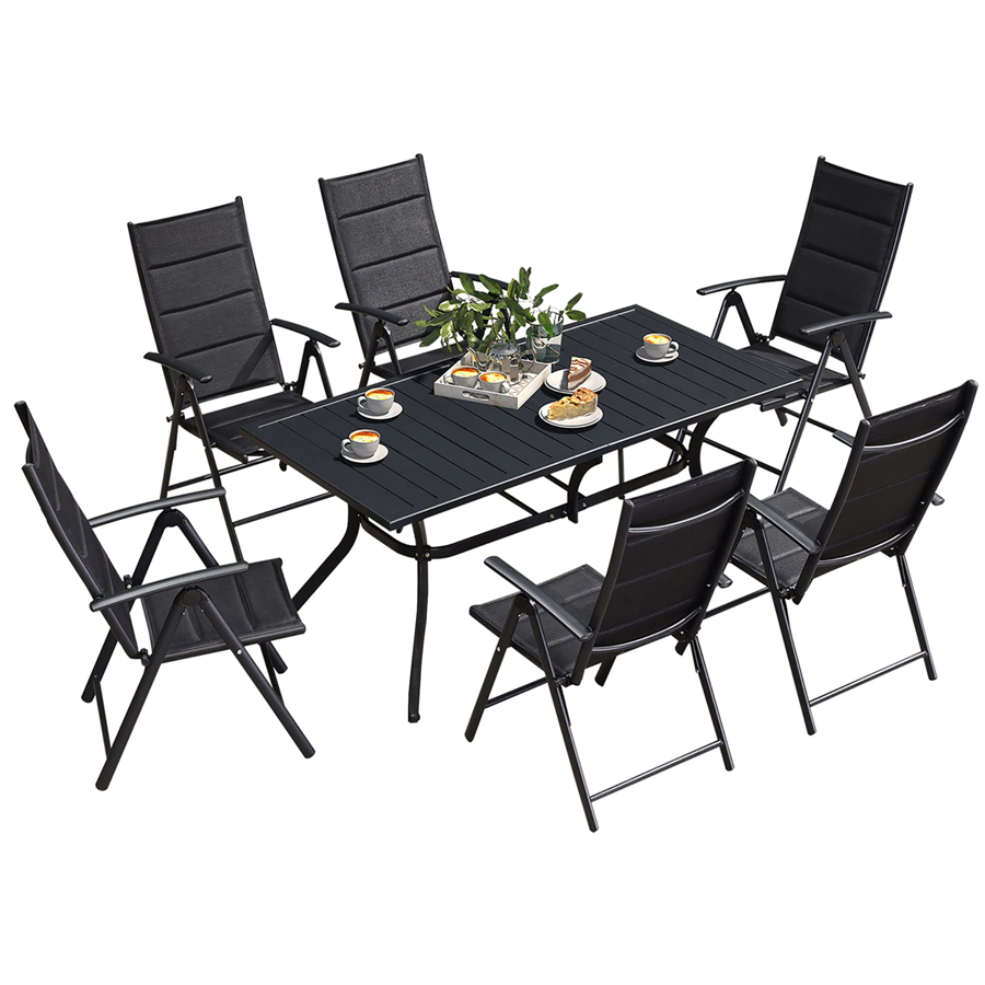 PURPLE LEAF Ensemble Table Et Chaise De Jardin Exterieur 6 Personnes Mobilier De Jardin en Aluminium Salon De Jardin Lot De 7 Table Pliable et Chaise Textilène Éponge Réglable, Noir