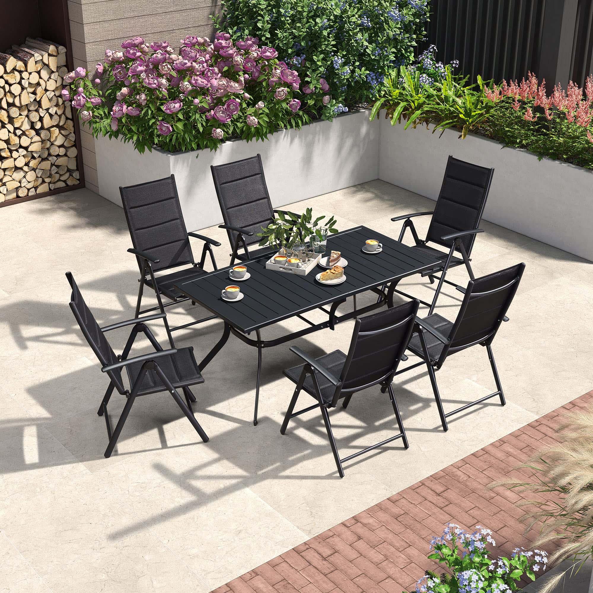PURPLE LEAF Ensemble Table Et Chaise De Jardin Exterieur 6 Personnes Mobilier De Jardin en Aluminium Salon De Jardin Lot De 7 Table Pliable et Chaise Textilène Éponge Réglable, Noir - Purpleaf France