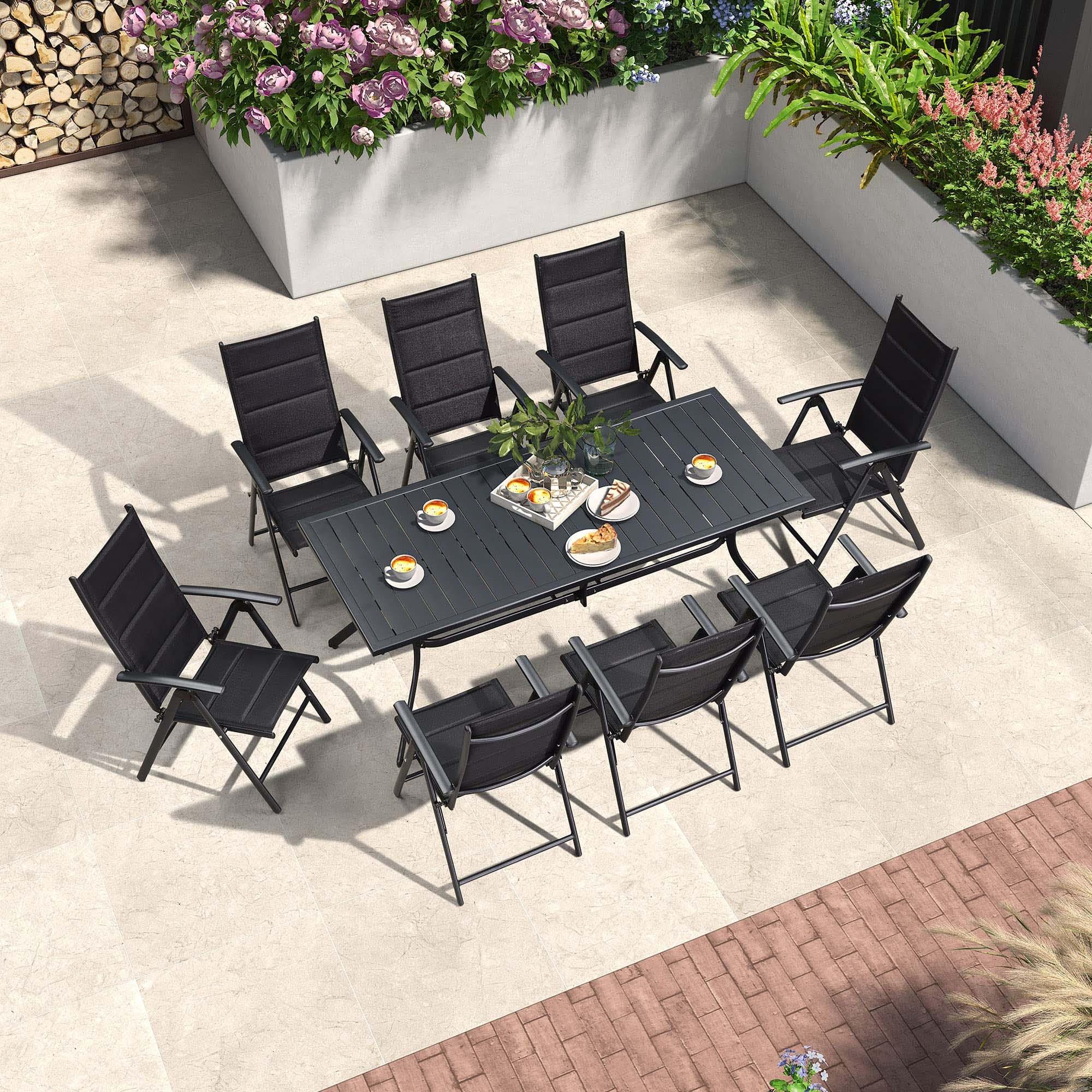 PURPLE LEAF Ensemble Table Et Chaise De Jardin Exterieur 6 Personnes Mobilier De Jardin en Aluminium Salon De Jardin Lot De 7 Table Pliable et Chaise Textilène Éponge Réglable, Noir - Purpleaf France