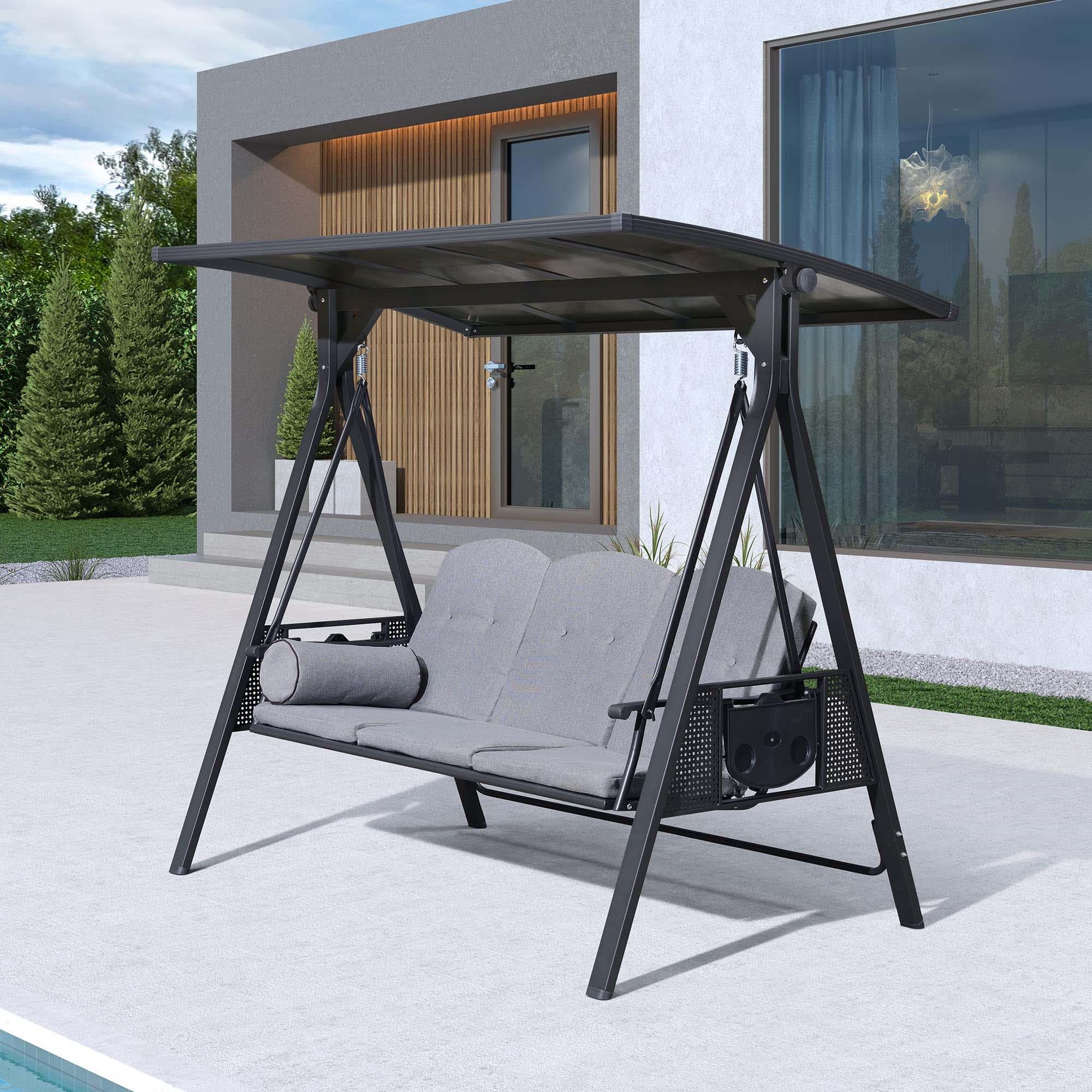 PURPLE LEAF Balancelle De Jardin 3 Places Exterieur en Acier Balançoire Toit Polycarbonate Inclinaison Réglable avec 2 Tablettes Balancelle Hollywood, Kaki - Purpleaf France