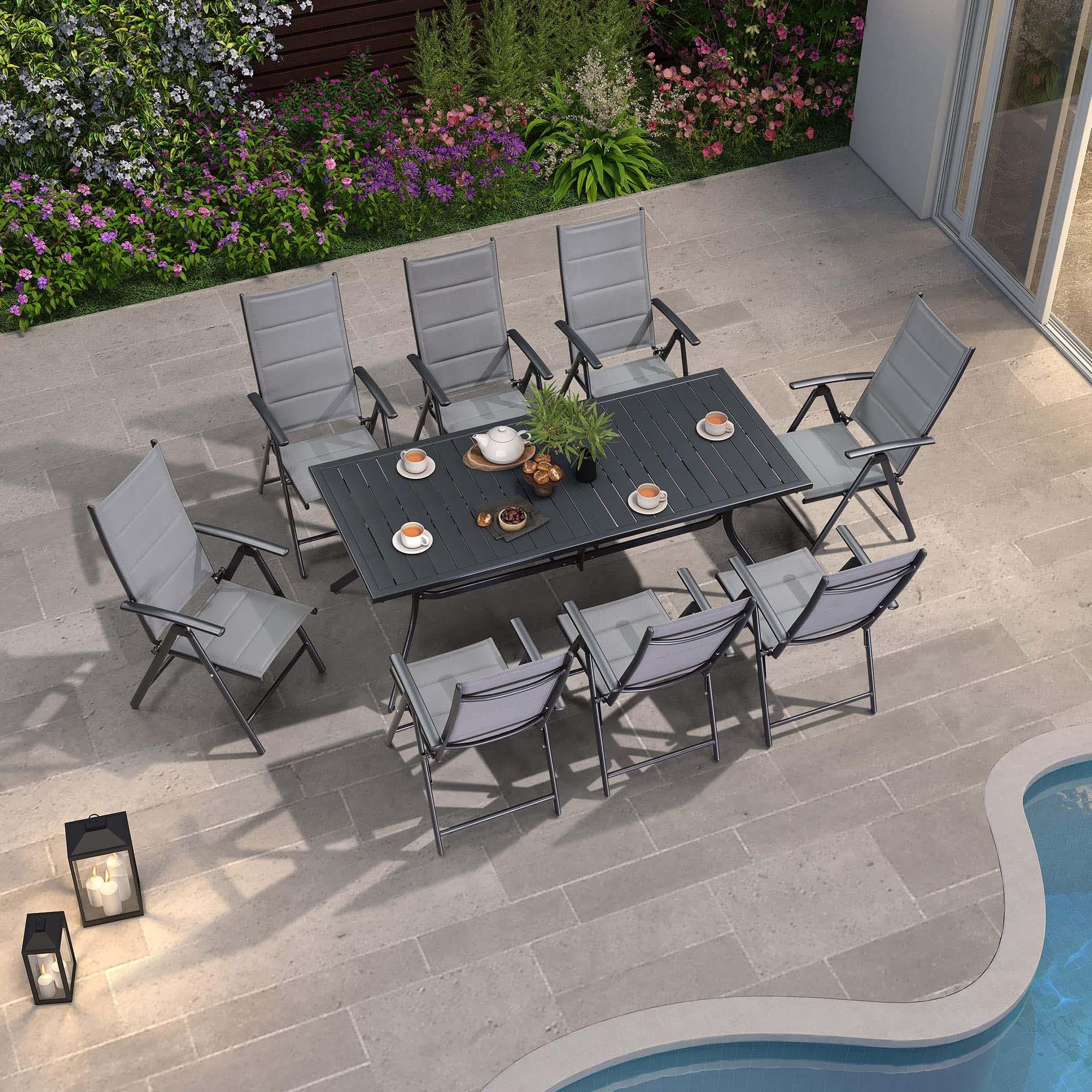 PURPLE LEAF Ensemble Table Et Chaise De Jardin Exterieur 6 Personnes Mobilier De Jardin en Aluminium Salon De Jardin Lot De 7 Table Pliable et Chaise Textilène Éponge Réglable, Noir - Purpleaf France