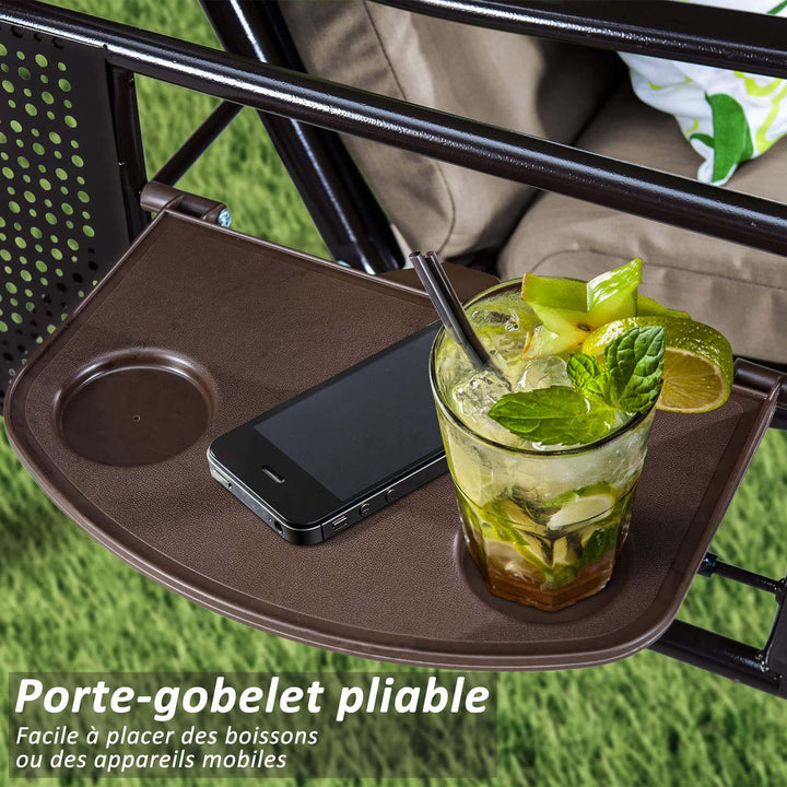 PURPLE LEAF Balancelle De Jardin 3 Places Exterieur en Acier Balançoire Toit Polycarbonate Inclinaison Réglable avec 2 Tablettes Balancelle Hollywood, Kaki - Purpleaf France