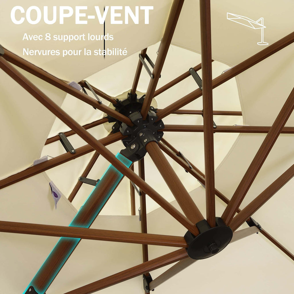 Parasol Déporté Bois 3x3 M - Pied Inclus - Rotation 360° Et Inclinaison Réglable - Tissu Anti-UV - Pour Terrasse, Jardin, Piscine