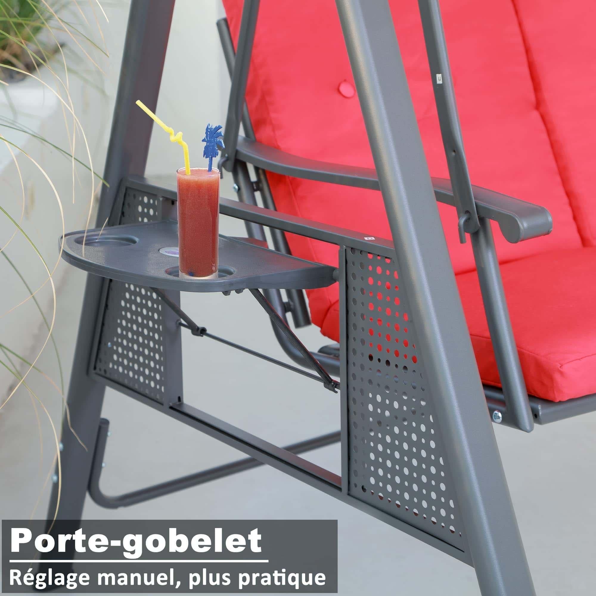 PURPLE LEAF Balancelle de Jardin 3 Places Exterieur en Acier Balançoire Toit Inclinaison Réglable Balancelle Hollywood avec 2 Tablettes, Rouge Rouillé - Purpleaf France