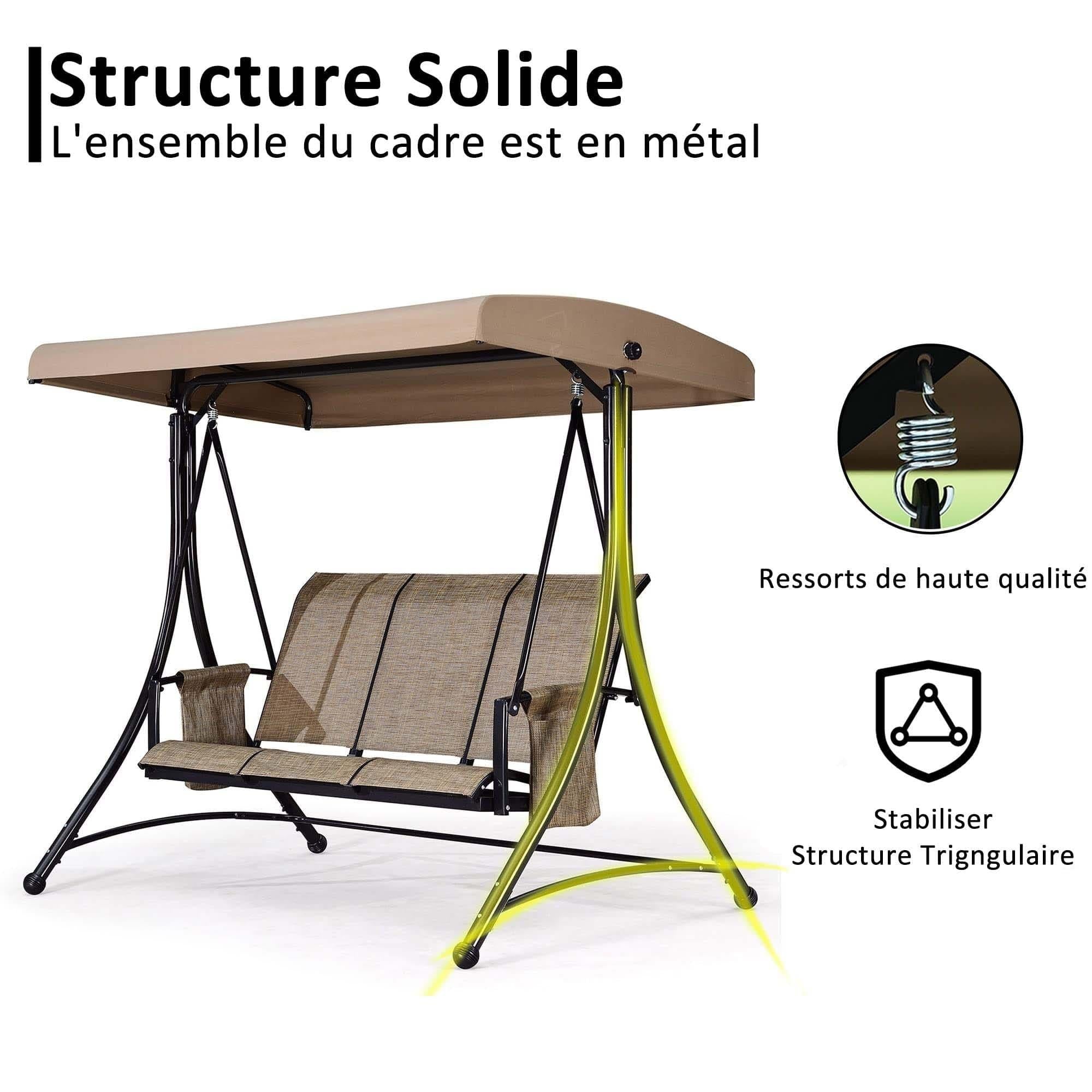 PURPLE LEAF Balançoire extérieure de luxe pour porche avec cadre en acier résistant aux intempéries, auvent à inclinaison réglable, beige - Purpleaf France