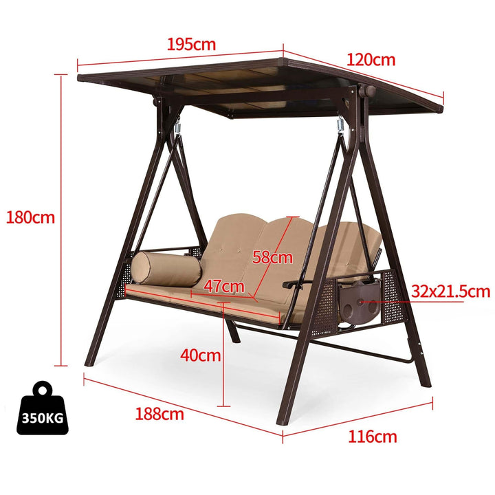 PURPLE LEAF Balancelle De Jardin 3 Places Exterieur en Acier Balançoire Toit Polycarbonate Inclinaison Réglable avec 2 Tablettes Balancelle Hollywood, Kaki - Purpleaf France
