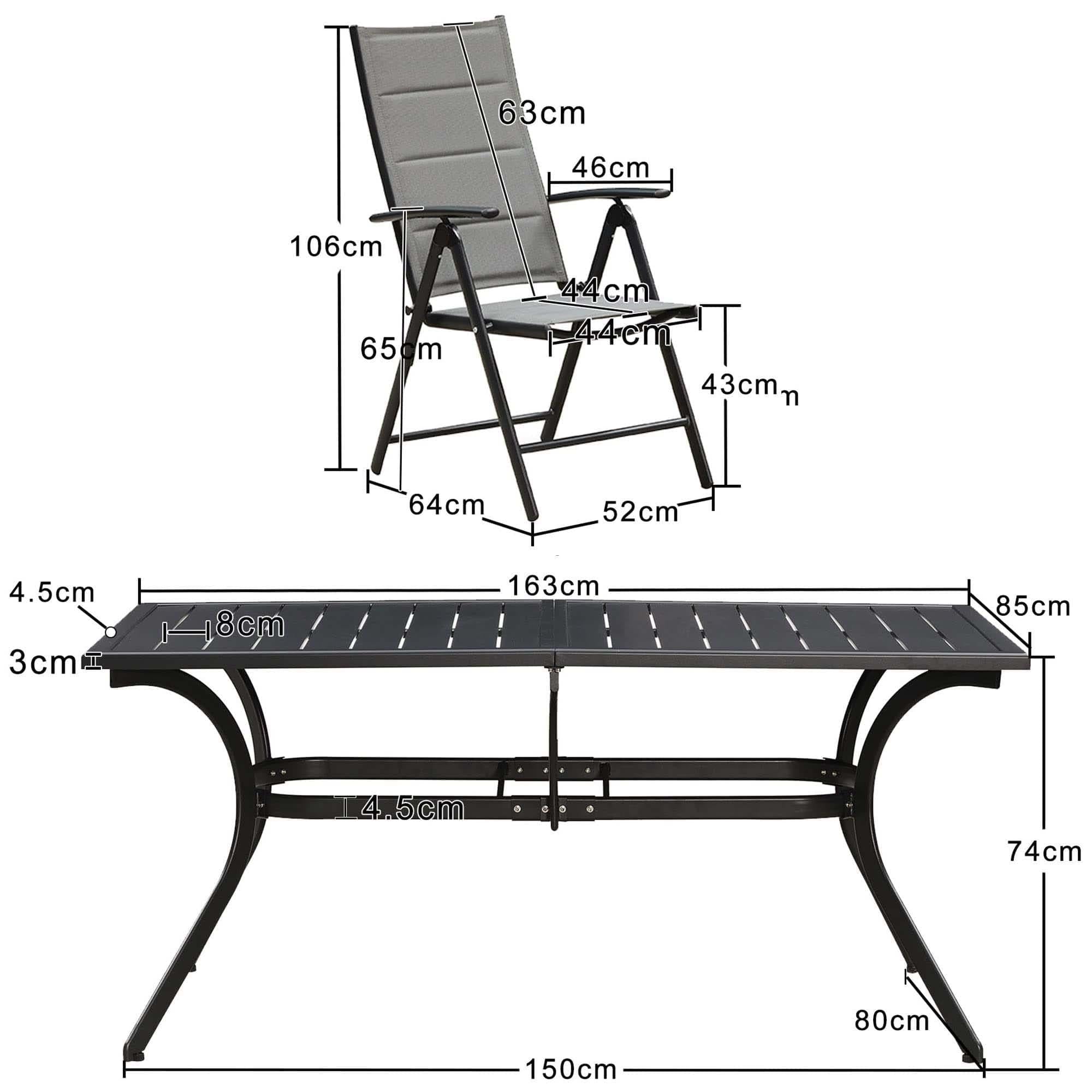 PURPLE LEAF Ensemble Table Et Chaise De Jardin Exterieur 6 Personnes Mobilier De Jardin en Aluminium Salon De Jardin Lot De 7 Table Pliable et Chaise Textilène Éponge Réglable, Noir - Purpleaf France