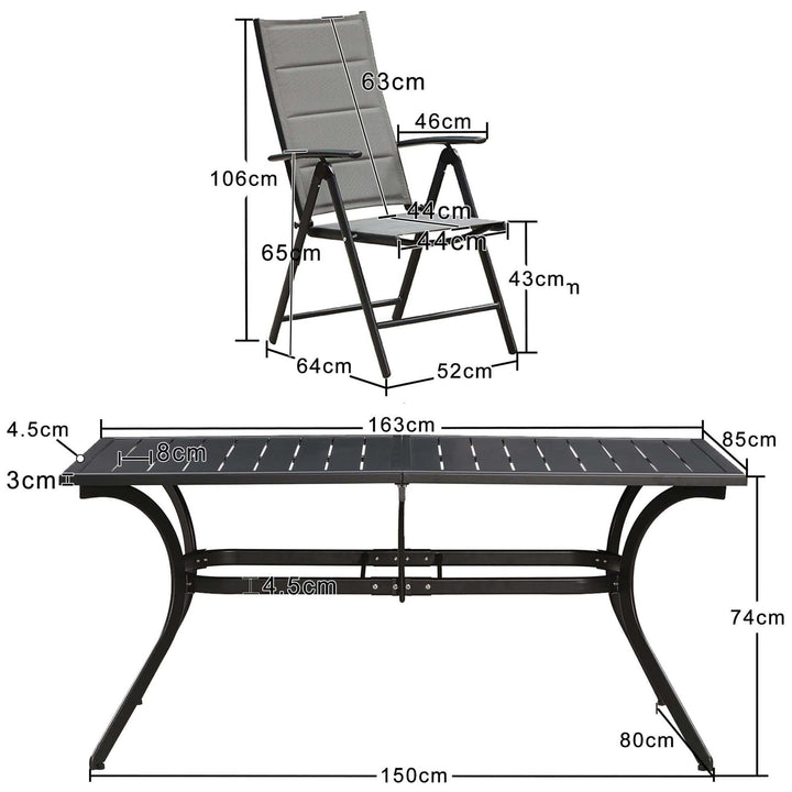PURPLE LEAF Ensemble Table Et Chaise De Jardin Exterieur 6 Personnes Mobilier De Jardin en Aluminium Salon De Jardin Lot De 7 Table Pliable et Chaise Textilène Éponge Réglable, Noir - Purpleaf France