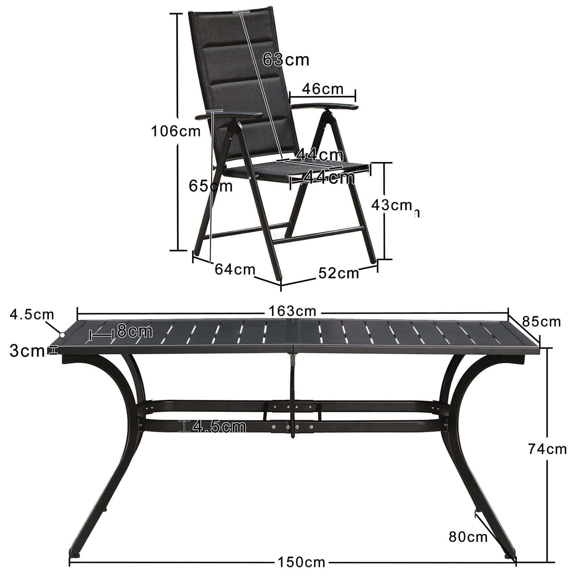 PURPLE LEAF Ensemble Table Et Chaise De Jardin Exterieur 6 Personnes Mobilier De Jardin en Aluminium Salon De Jardin Lot De 7 Table Pliable et Chaise Textilène Éponge Réglable, Noir - Purpleaf France