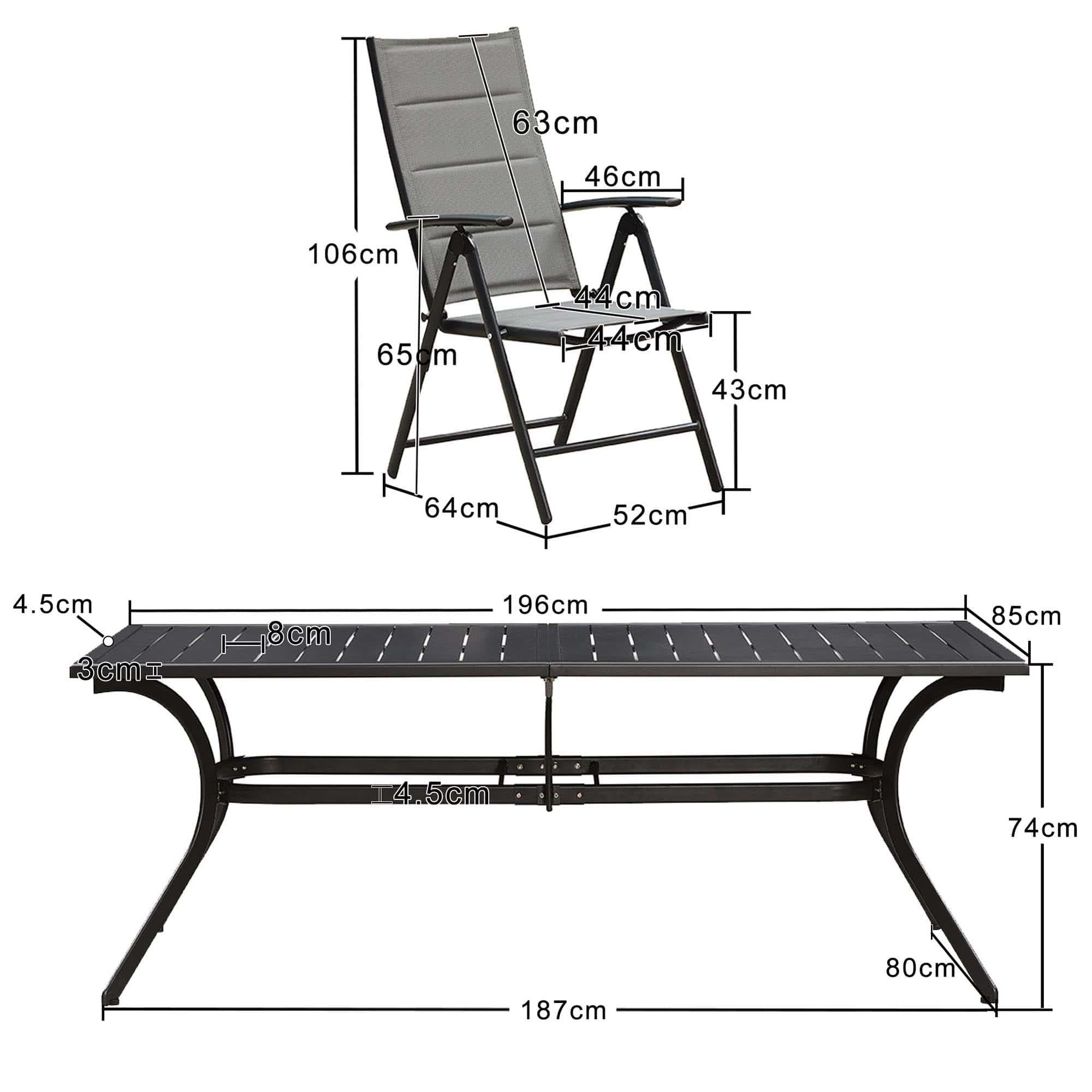 PURPLE LEAF Ensemble Table Et Chaise De Jardin Exterieur 6 Personnes Mobilier De Jardin en Aluminium Salon De Jardin Lot De 7 Table Pliable et Chaise Textilène Éponge Réglable, Noir - Purpleaf France