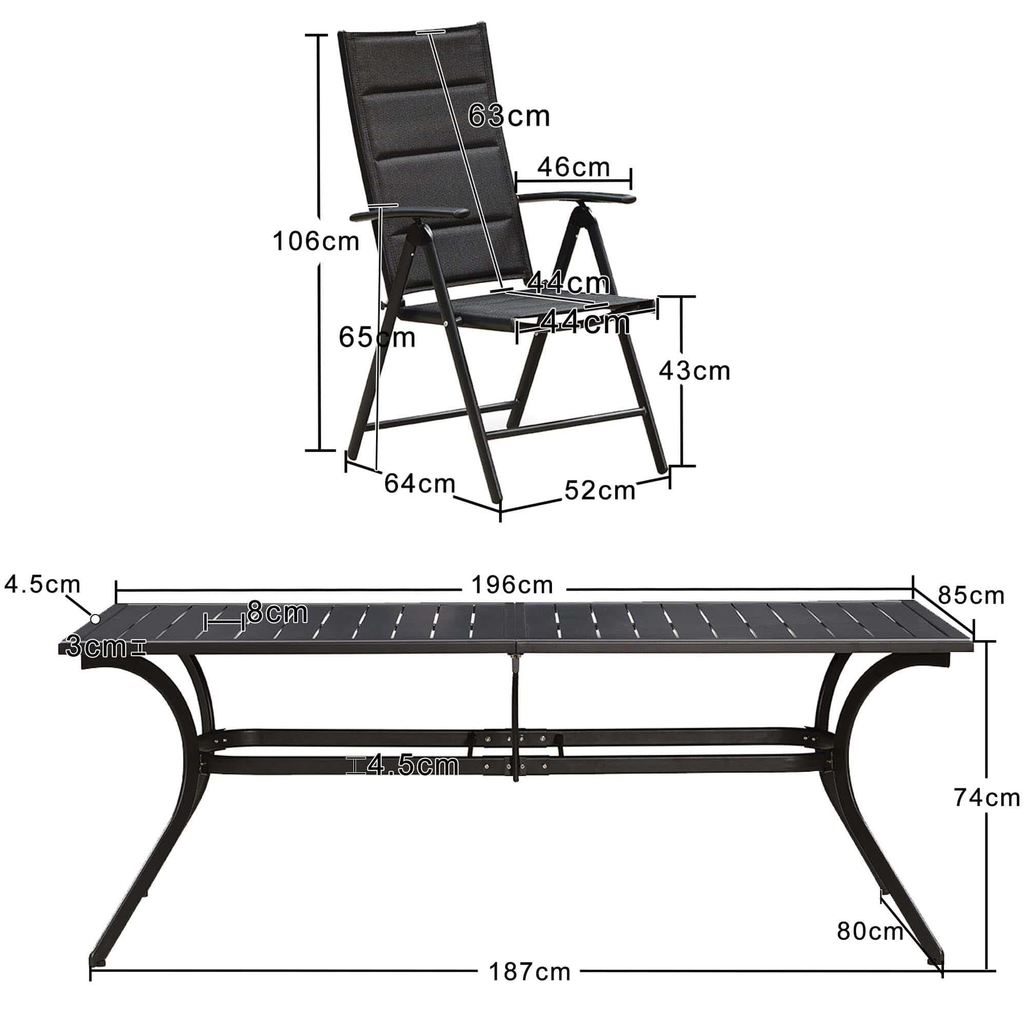 PURPLE LEAF Ensemble Table Et Chaise De Jardin Exterieur 6 Personnes Mobilier De Jardin en Aluminium Salon De Jardin Lot De 7 Table Pliable et Chaise Textilène Éponge Réglable, Noir - Purpleaf France