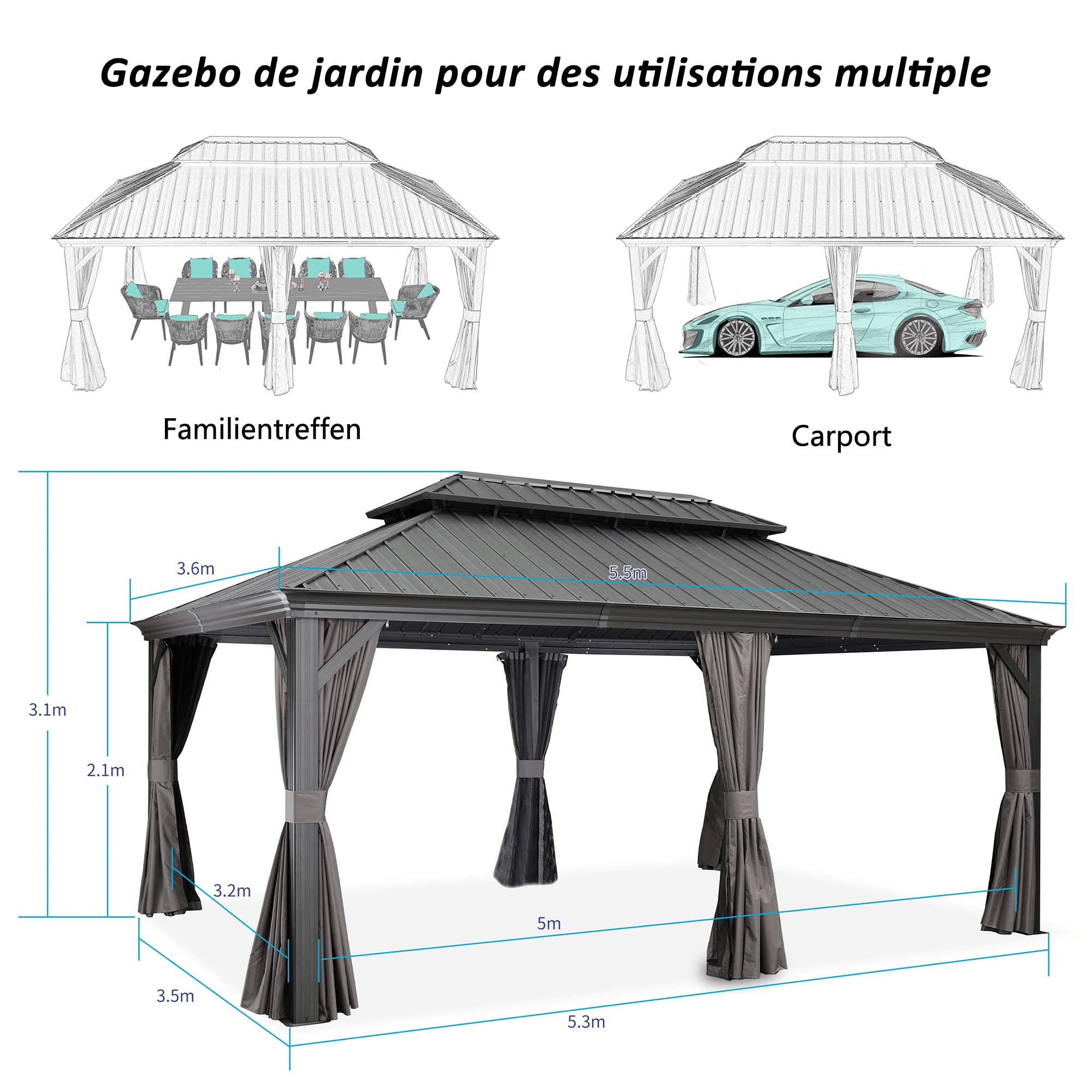 PURPLE LEAF Tonnelle de Jardin Tonnelle Aluminum avec Moustiquaire et Rideaux Pavillon de Jardin à Double Toit Acier Galvanisé, Gris - Purpleaf France
