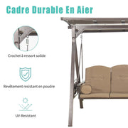 PURPLE LEAF Balancelle De Jardin 3 Places Exterieur en Acier Balançoire Toit Polycarbonate Inclinaison Réglable avec 2 Tablettes Balancelle Hollywood, Kaki - Purpleaf France