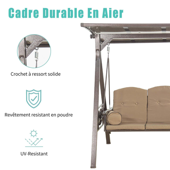 PURPLE LEAF Balancelle De Jardin 3 Places Exterieur en Acier Balançoire Toit Polycarbonate Inclinaison Réglable avec 2 Tablettes Balancelle Hollywood, Kaki - Purpleaf France