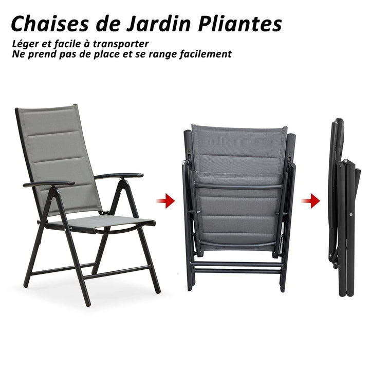 PURPLE LEAF Ensemble Table Et Chaise De Jardin Exterieur 6 Personnes Mobilier De Jardin en Aluminium Salon De Jardin Lot De 7 Table Pliable et Chaise Textilène Éponge Réglable, Noir - Purpleaf France