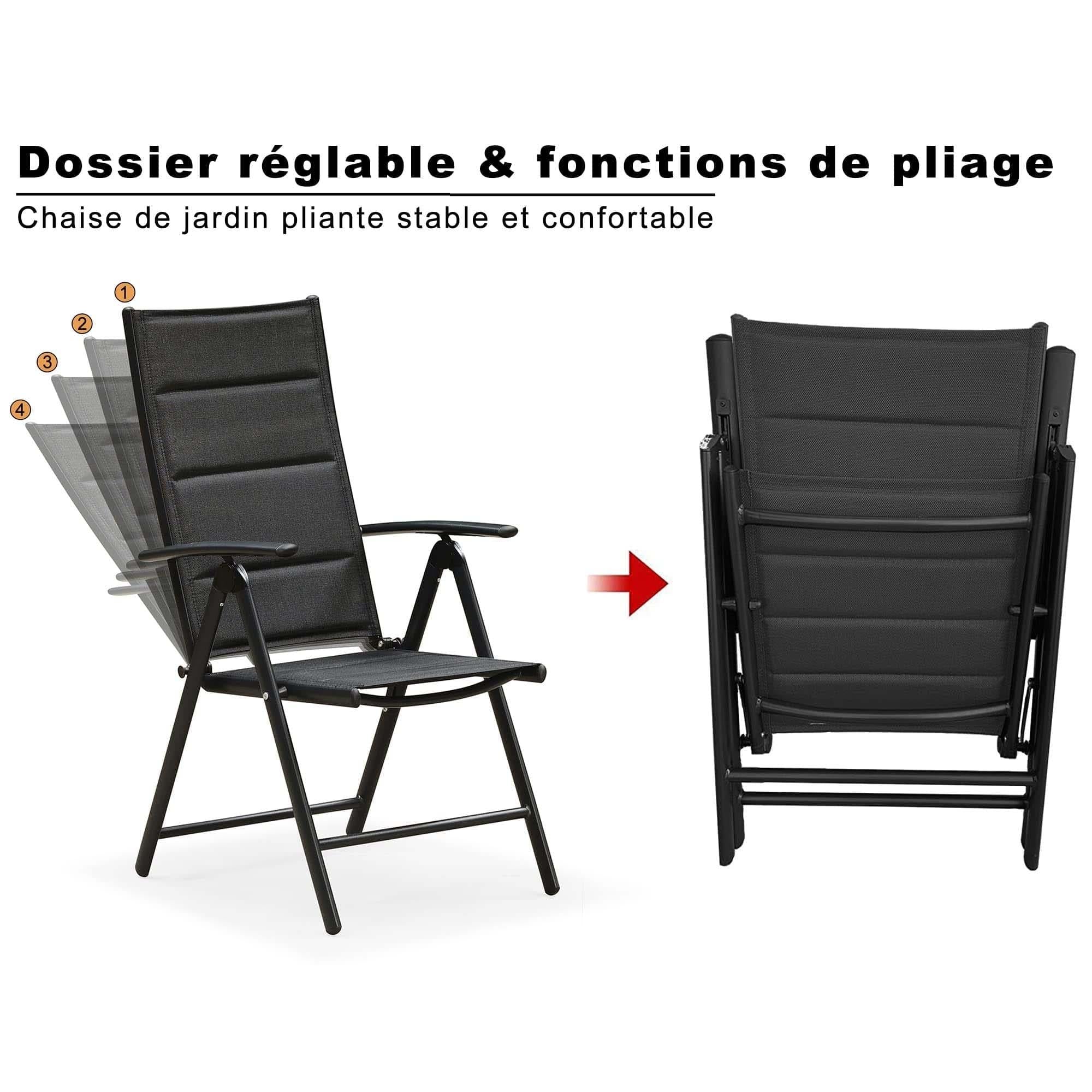 PURPLE LEAF Ensemble Table Et Chaise De Jardin Exterieur 6 Personnes Mobilier De Jardin en Aluminium Salon De Jardin Lot De 7 Table Pliable et Chaise Textilène Éponge Réglable, Noir - Purpleaf France