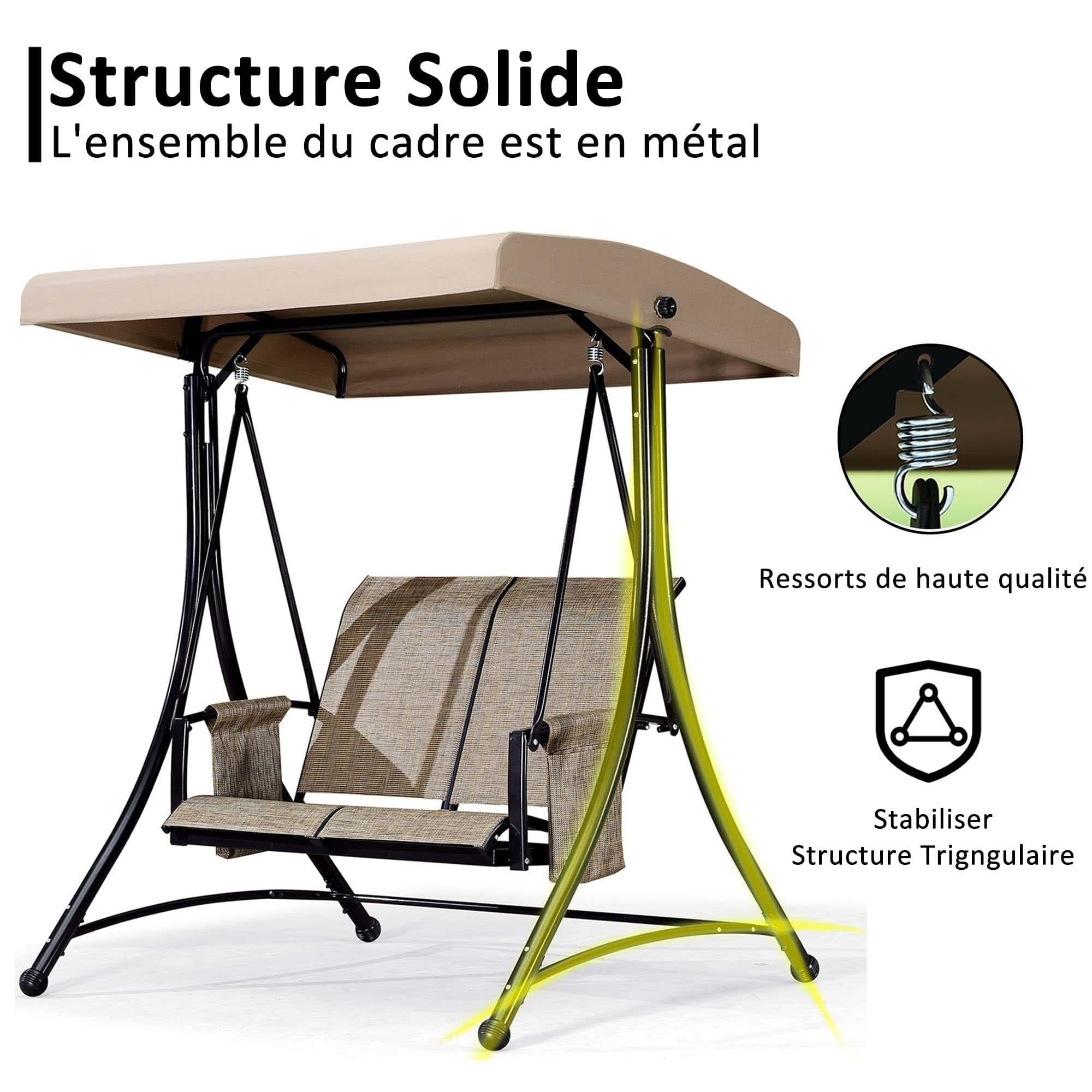 PURPLE LEAF Balançoire extérieure de luxe pour porche avec cadre en acier résistant aux intempéries, auvent à inclinaison réglable, beige - Purpleaf France