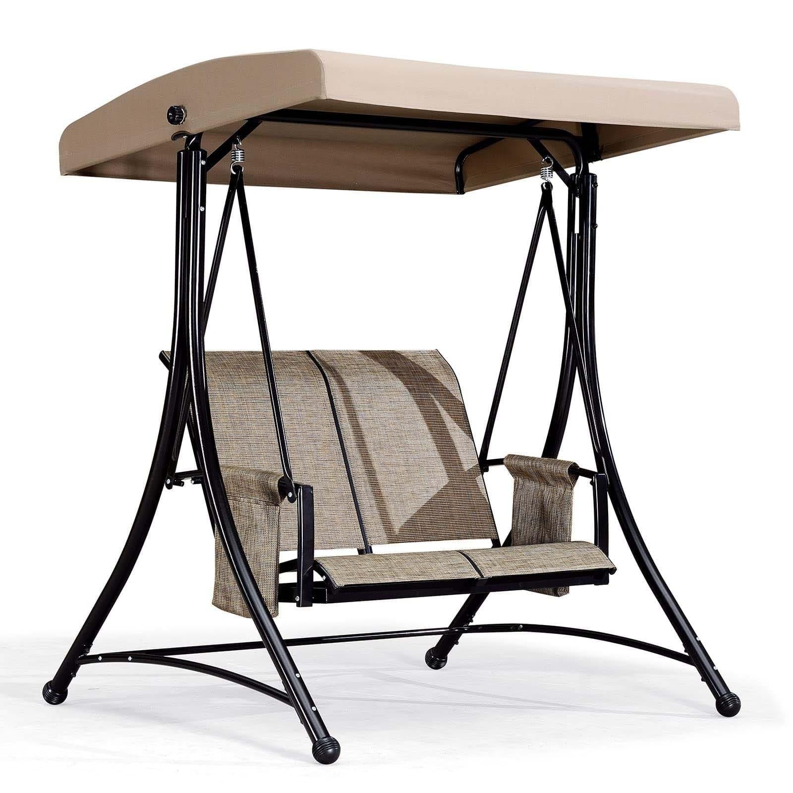 PURPLE LEAF Balançoire extérieure de luxe pour porche avec cadre en acier résistant aux intempéries, auvent à inclinaison réglable, beige - Purpleaf France
